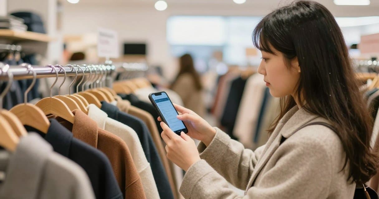 A shopper using a phone to AI-scan a jacket on a thrift store rack, the screen showing a resale value estimate