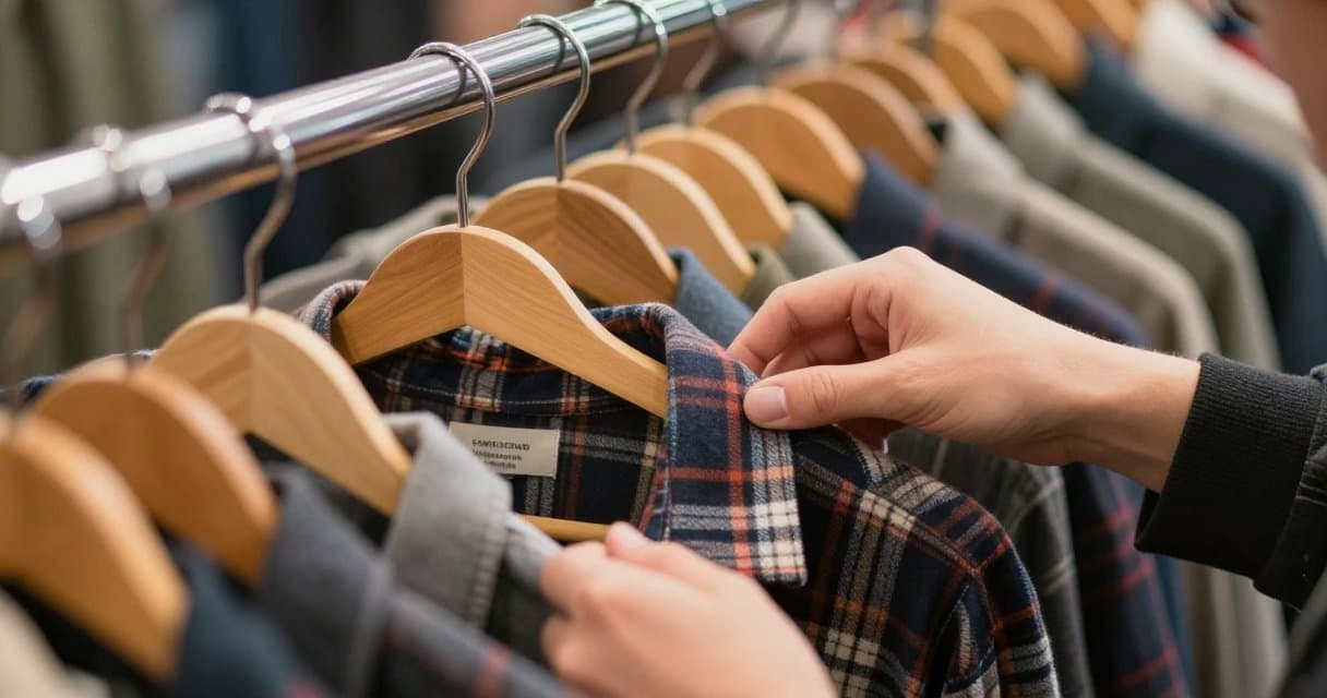 Close-up of a thrifter checking the inside brand tag of a flannel shirt while browsing a thrift store rack