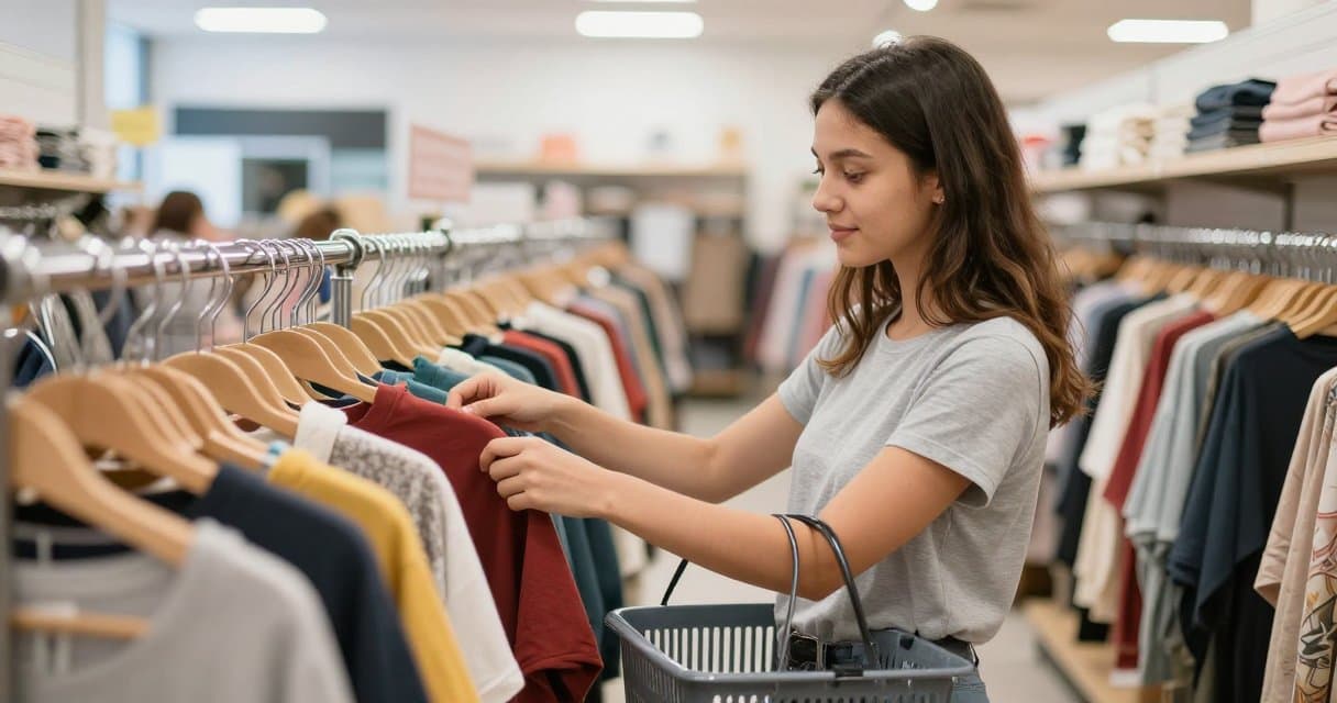 A beginner thrifter browsing a long rack of secondhand clothing in a bright thrift store, basket in hand